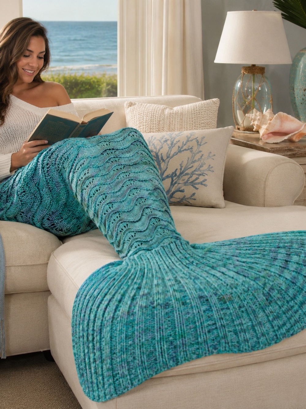NWOT Adult Mermaid Tail Blanket Aqua Teal Knit Cozy Cocoon Throw Gift